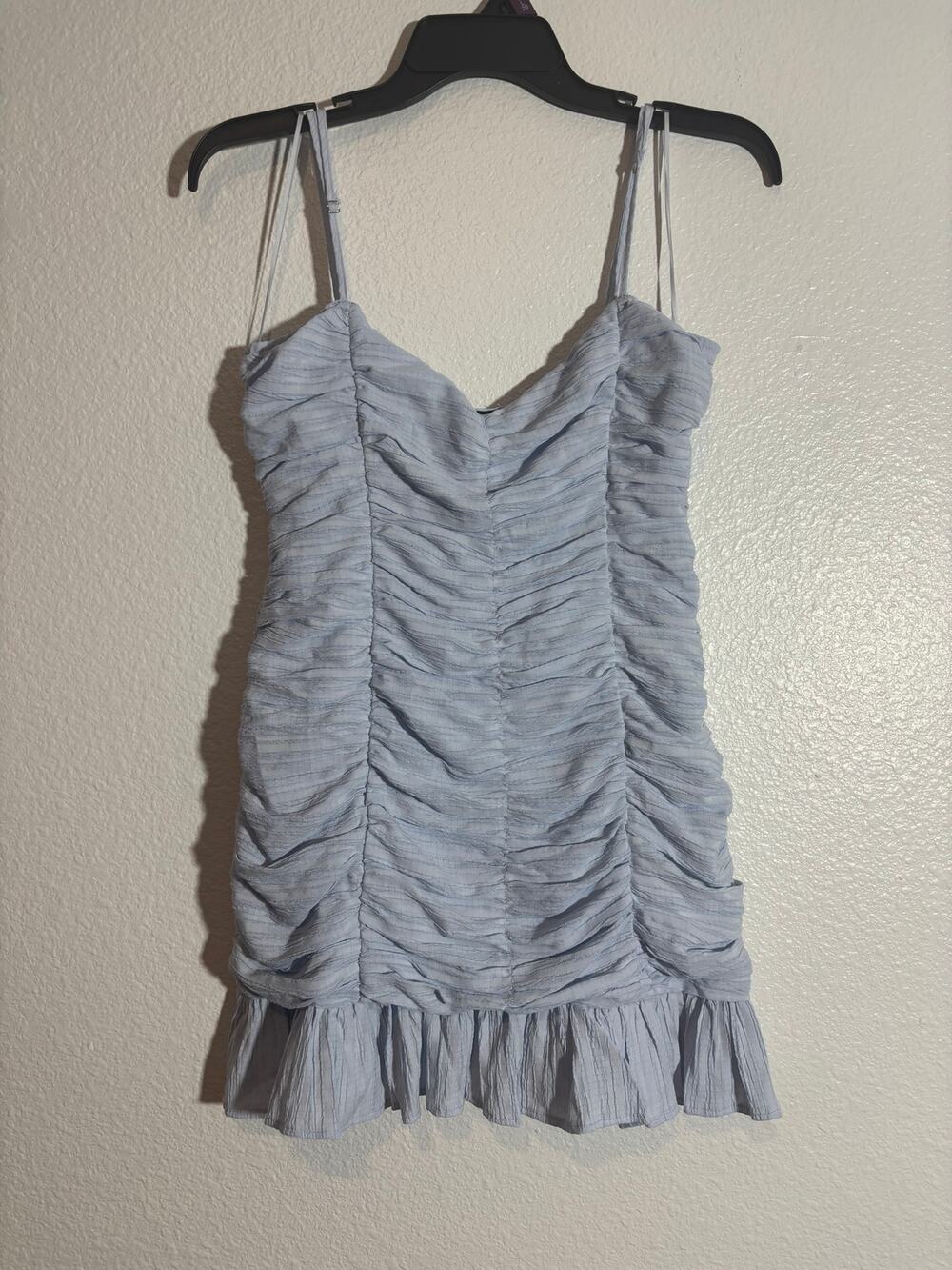 Lioness Women's Size Small Sky Blue Ruched Sweatheart Neck Sleeveless Mini Dress